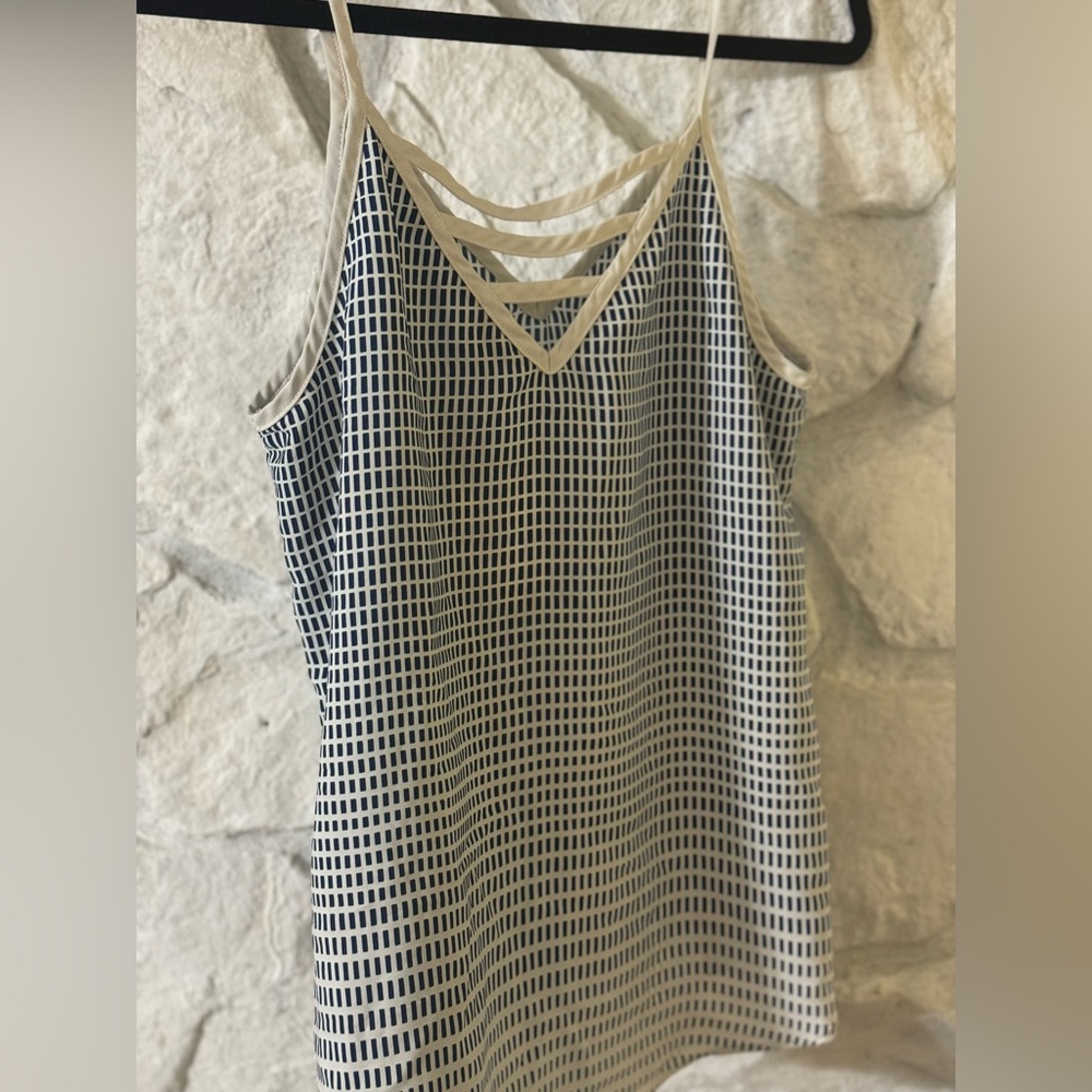 Cute tank top faux silk feeling poly material blue and white